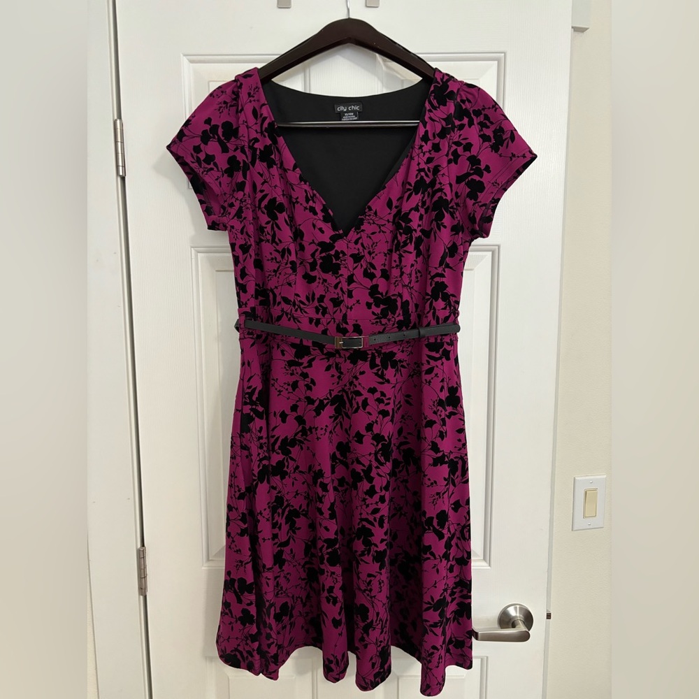City Chic flocked magenta fit and flare dress